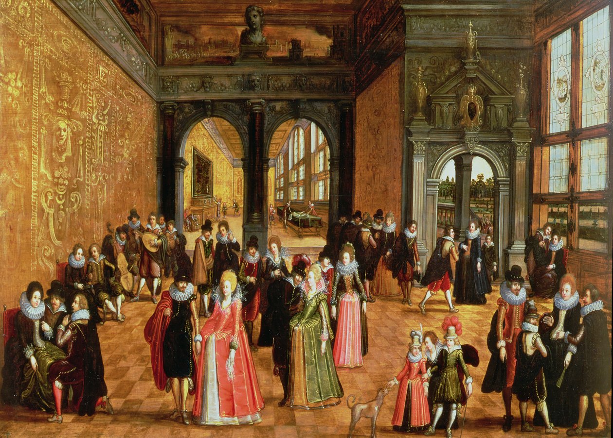 Et paladsinteriør med damer og herrer, der danser og spiller musik af Louis de Caullery