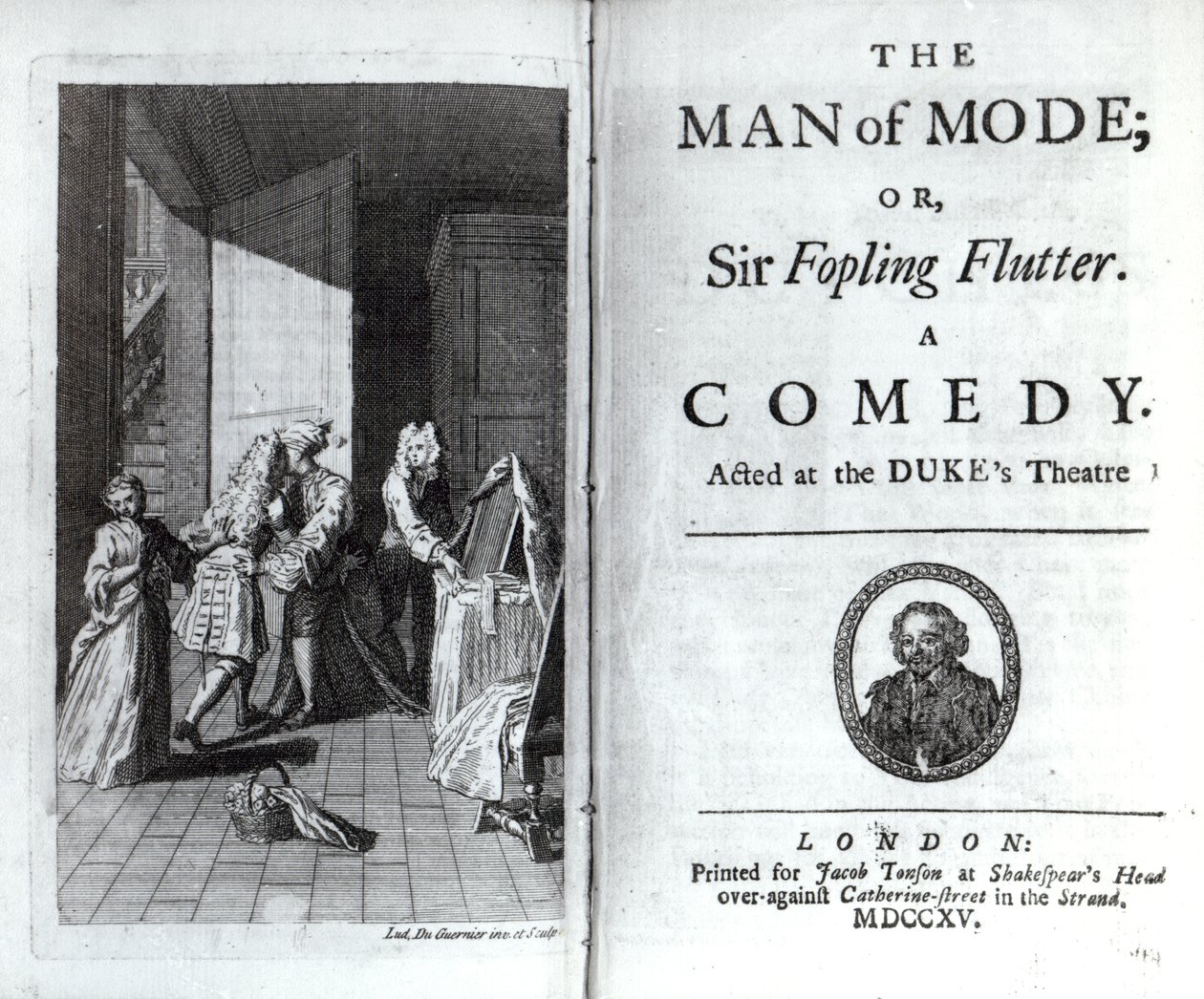 Frontispice og titelside for The Man of Mode, eller Sir Fopling Flutter af George Etherege, udgivet 1715 af Louis du Guernier