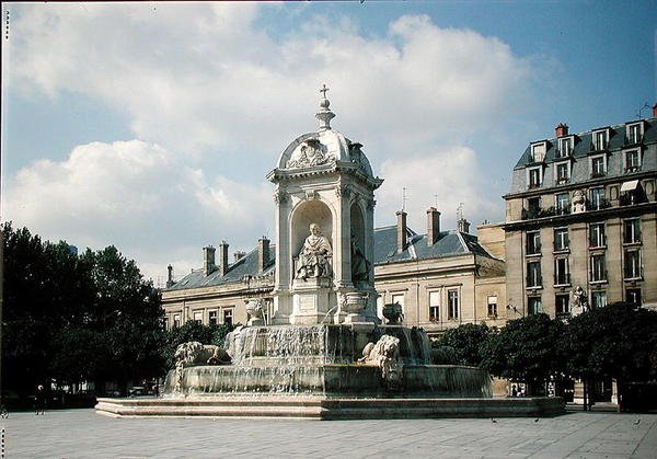 Udsigt over Fontaine des Quatre-Eveques, Place Saint-Sulpice, bygget i 1844 af Louis or Ludovico Visconti