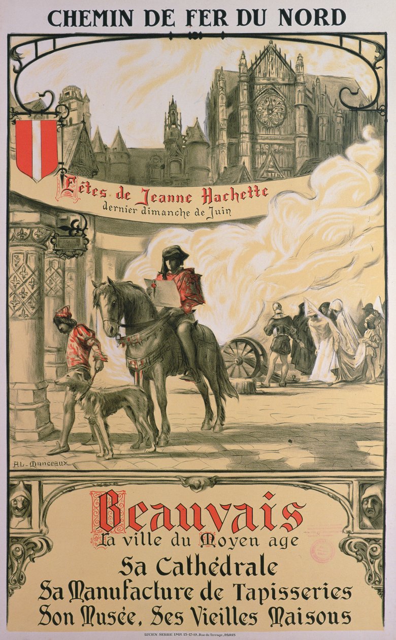 Beauvais - middelalderens by (farve litho) af Louis Antoine Manceaux
