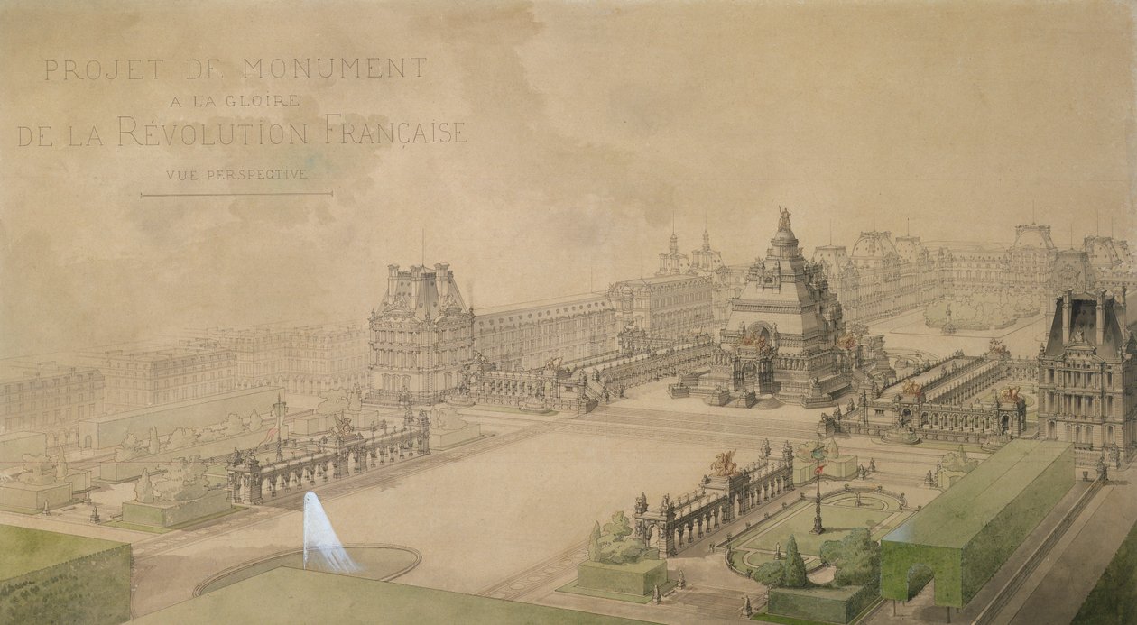 Projekt for en pyramide ved Louvre som et monument til den franske revolutions herlighed (blyant, kuglepen, blæk, vask og wc på papir) af Louis Ernest Lheureux