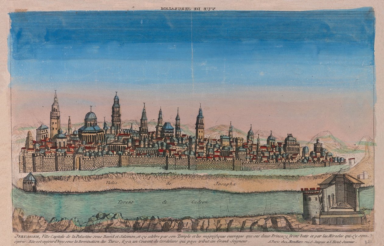 Jerusalem (hovedstaden i Palæstina under David og Salomo...). Værk af Louis Joseph Mondhare (aktiv i midten af ​​det 18. århundrede), kobberstik, farvet i akvarel af Louis Joseph Mondhare
