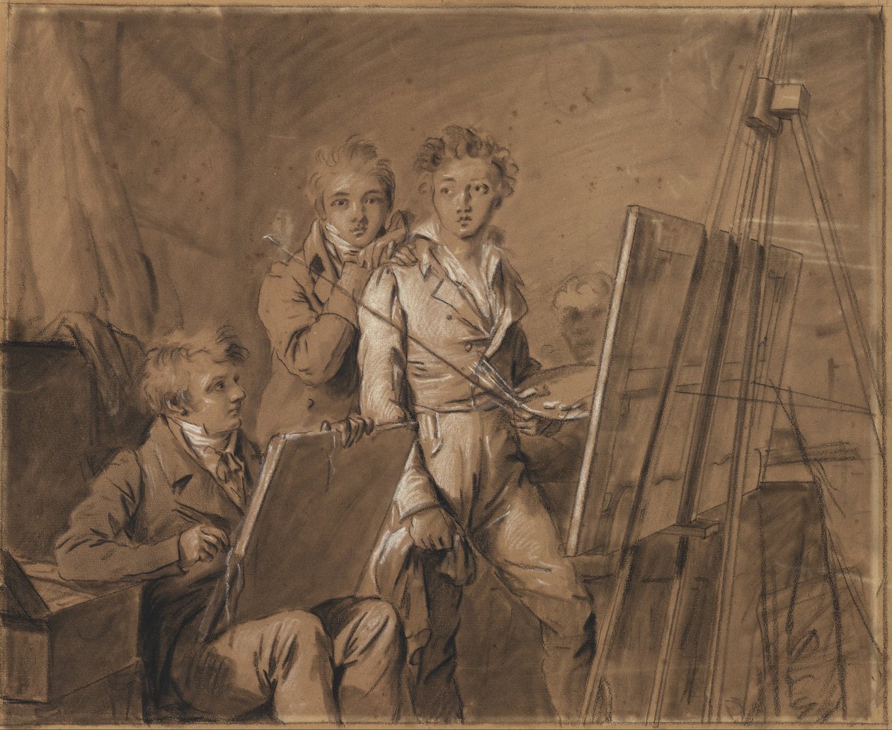 Tre unge kunstnere i et studie af Louis Leopold Boilly