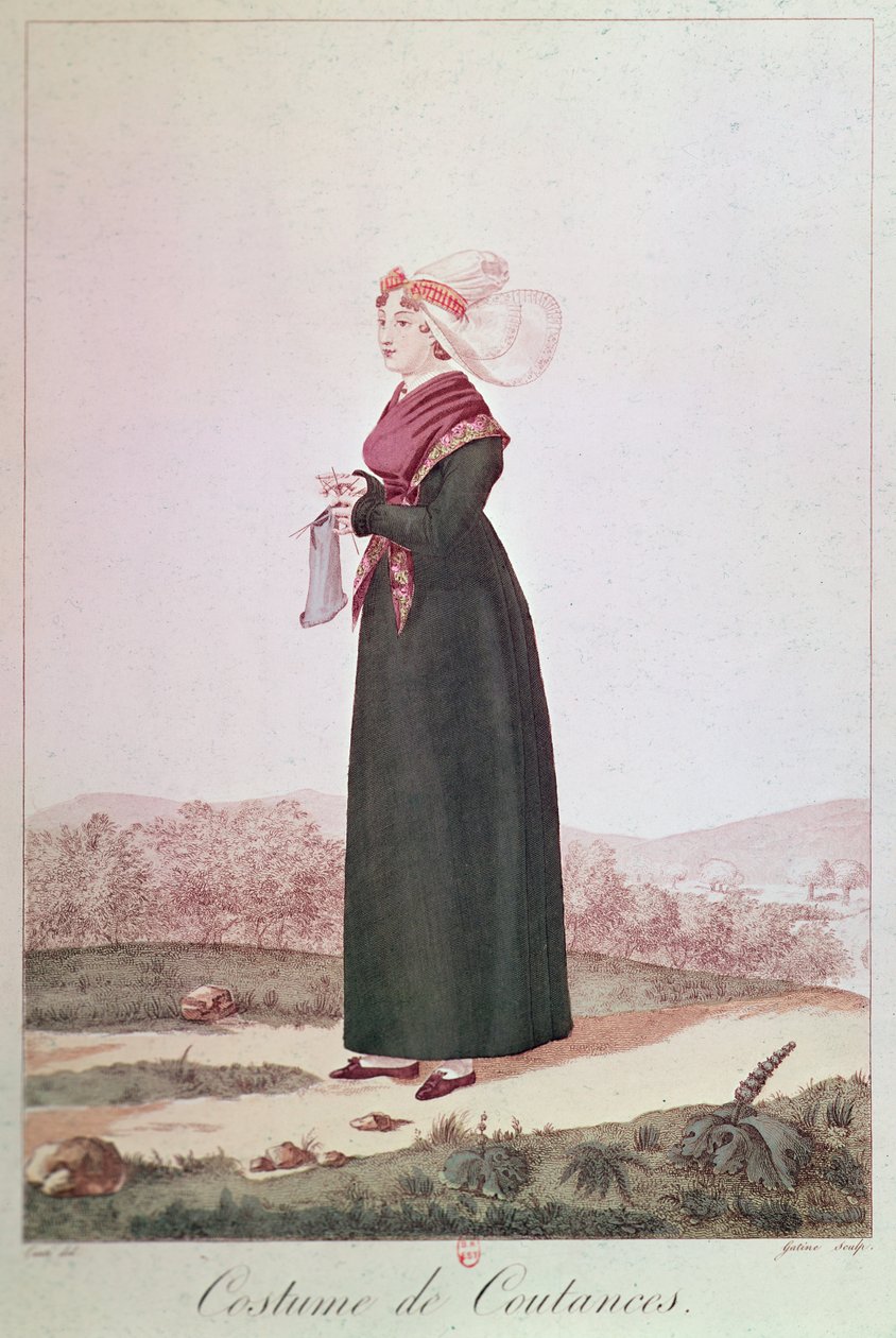 Kvindelig kostume fra Coutances, graveret af Georges Jacques Gatine af Louis Marie Lante