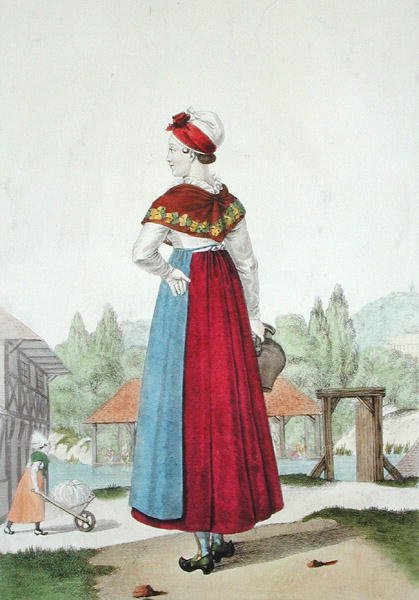 Traditionelt kostume af Lisieux, graveret af Gatine c.1820 (farvegravering) af Louis Marie (after) Lante