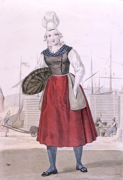 Traditionelt kostume af en fiskesælger af Dieppe, graveret af Gatine ca. 1820 (farvegravering) af Louis Marie (after) Lante