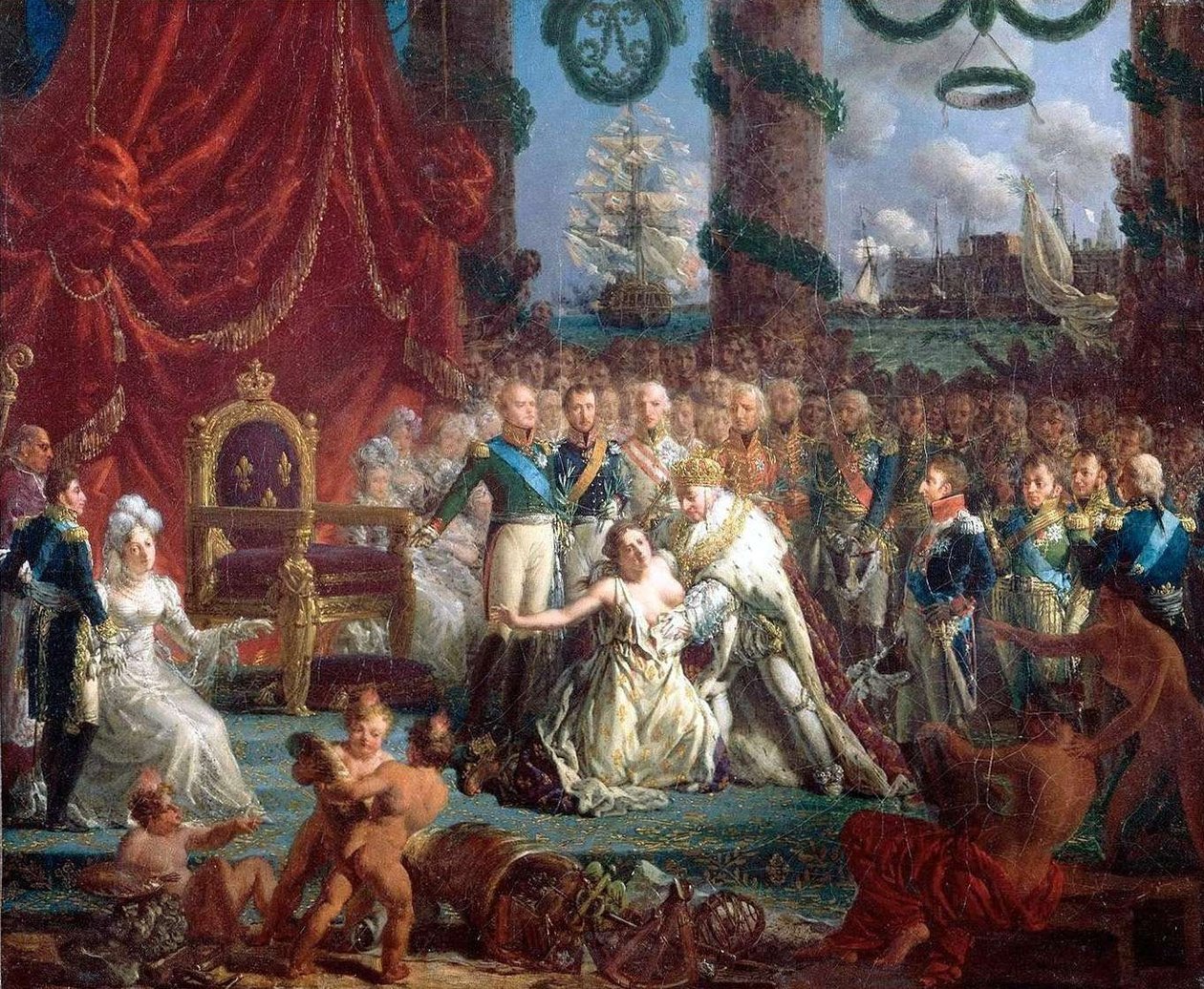 Allegori om Bourbons tilbagevenden den 24. april 1814: Louis XVIII rejser Frankrig fra ruinerne. af Louis Philippe Crepin