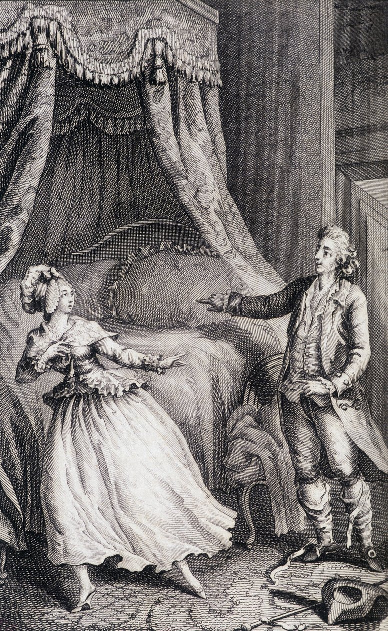 Par foran sengen i soveværelset - i "Les francaises ou 34 eksempler udvalgt i de nuværende skikke egnet til at lede døtre, kvinder, hustruer, mødre" af Restif de La Bretonne (1734-1806), ill. af Binet, Neufchatel af Louis (after) Binet