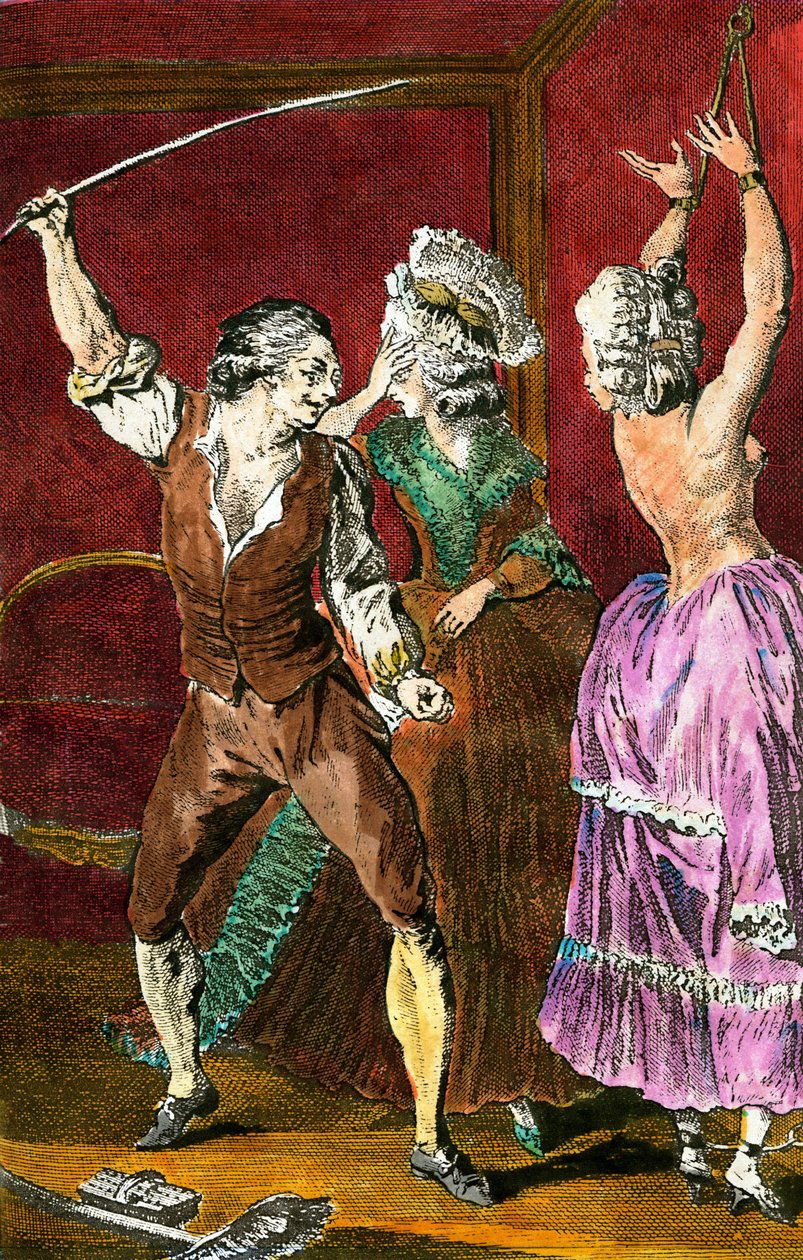 Erotik: medlemmer af adelen, der hengiver sig til sadomasochistiske fornøjelser, en mand pisker en kvinde vedhæftet. Gravering af Leroy efter en tegning af Louis Binet (1744-1800) til "Den perverse bonde" af Restif de la Bretonne (1734-1806) 1775 af Louis (after) Binet
