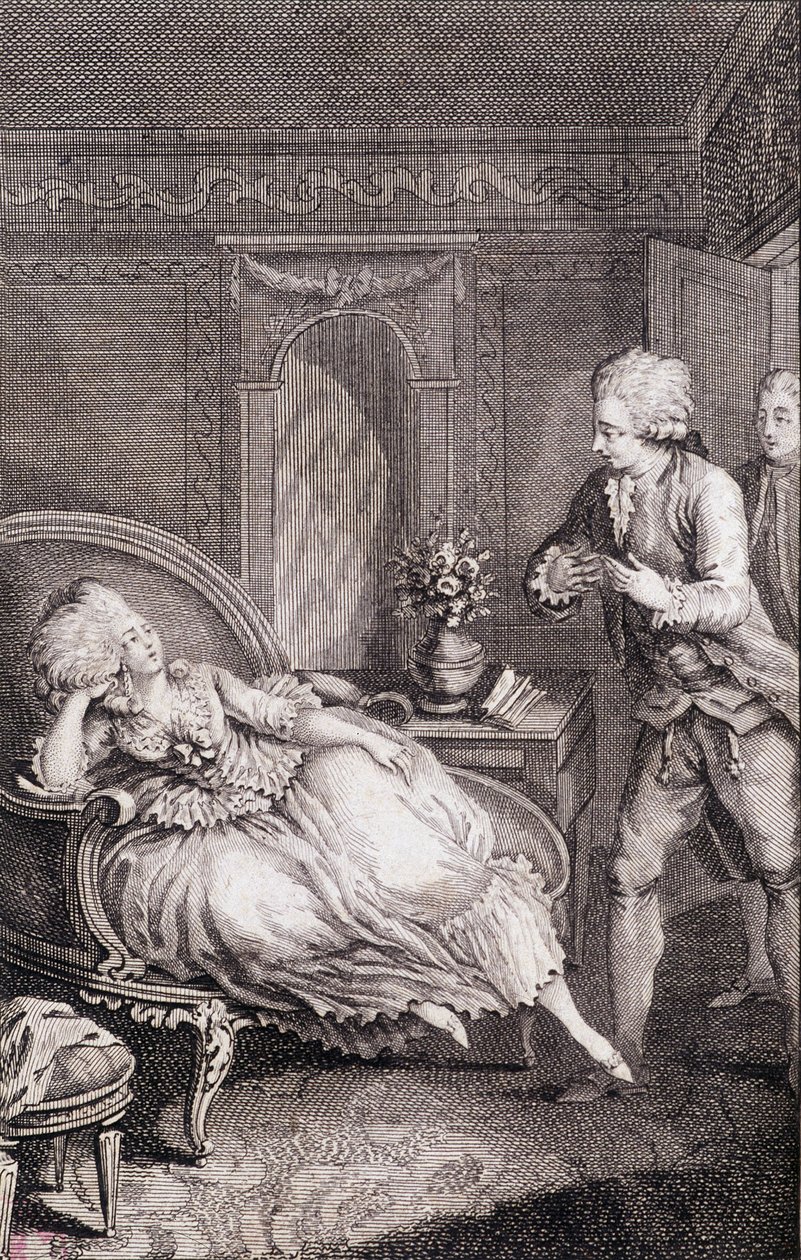 Gentilhomme erklærer sin kærlighed til en dame, der sygner over en hyrde - i "" Les francaises ou 34 eksempler udvalgt i de nuværende skikke egnet til at lede døtre, hustruer, mødre"" af Restif de La Bretonne (1734-1806), ill. af Binet, Neufchatel af Louis (after) Binet