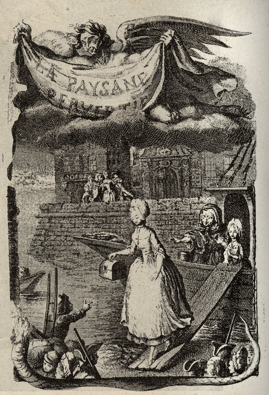 Illustration til "Den perverse bonde eller byens farer" af Restif de La Bretonne (1734-1806) fransk forfatter. Stik af Binet fra det 18. århundrede. af Louis (after) Binet