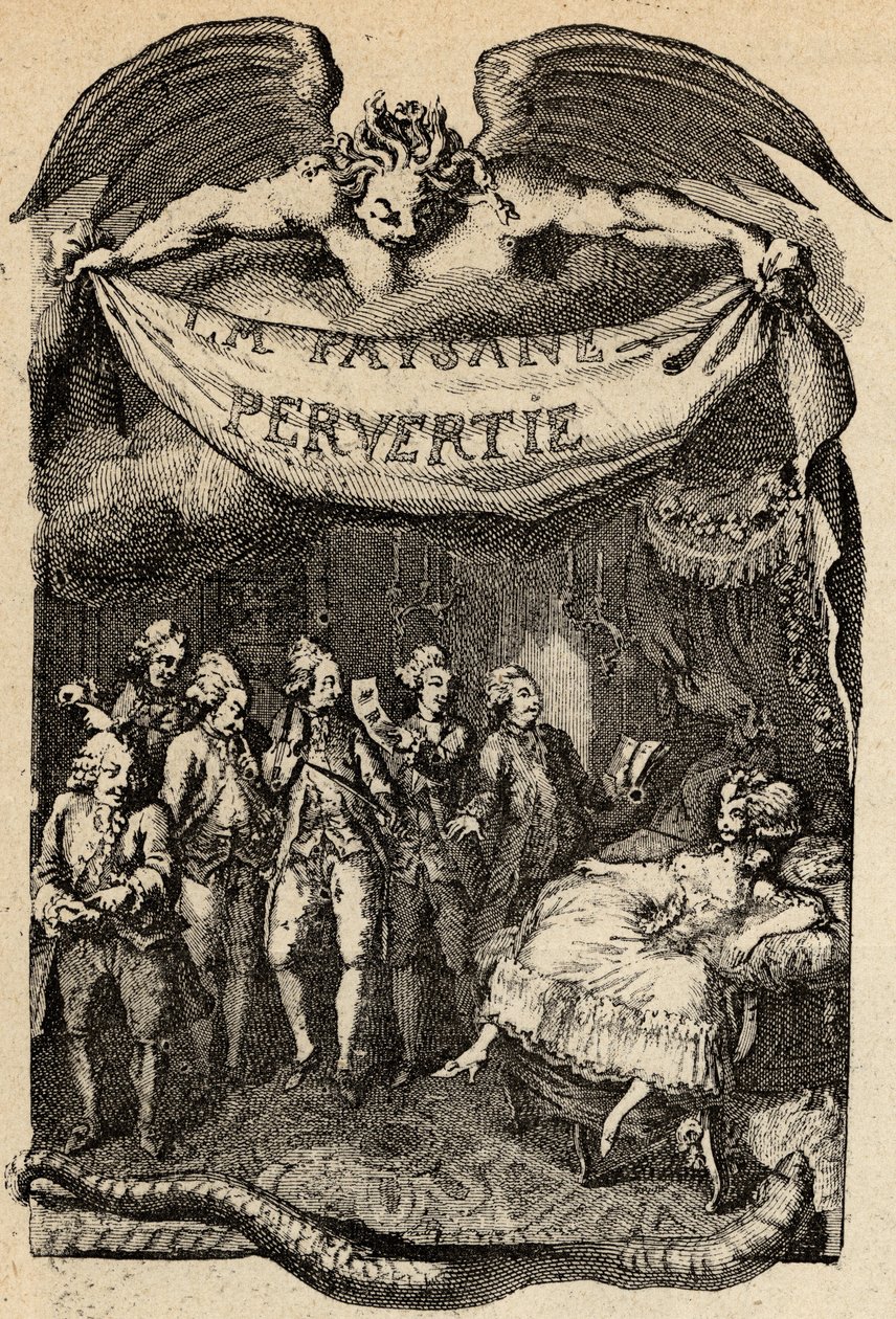 Illustration til "Den perverse bonde eller byens farer" af Restif de La Bretonne (1734-1806) fransk forfatter. Stik af Binet fra det 18. århundrede. af Louis (after) Binet