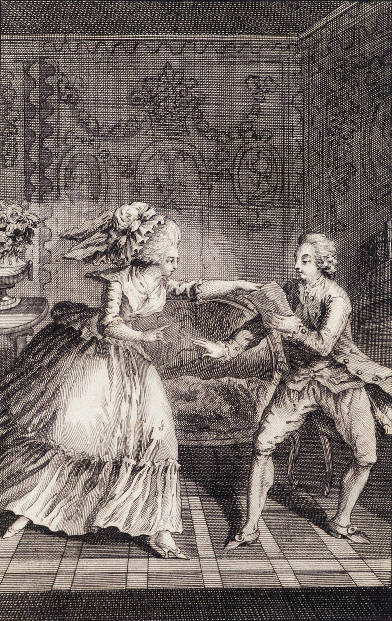 Den subtiliserede bløde billet (libertinage) - i "" Les francaises eller 34 eksempler valgt i de nuværende skikke til at lede døtre, kvinder, hustruer, mødre" af Restif de La Bretonne (1734-1806), ill. af Binet, Neufchatel af Louis (after) Binet