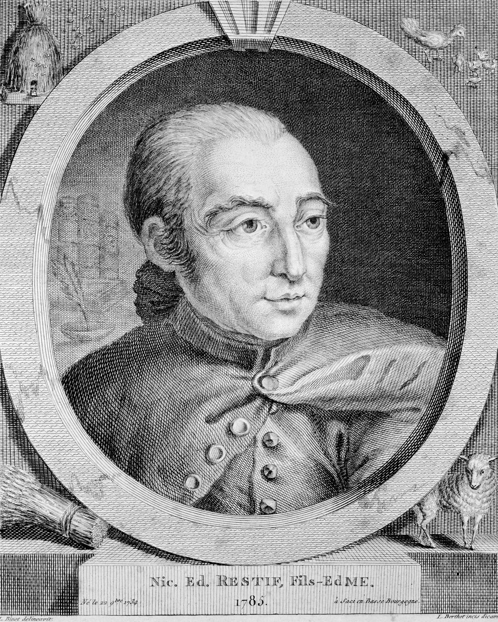 Portræt af Nicolas Edme Restif de La Bretonne (1734-1806) (også Retif de La Bretone) - af Binet, gravering af Louis (after) Binet