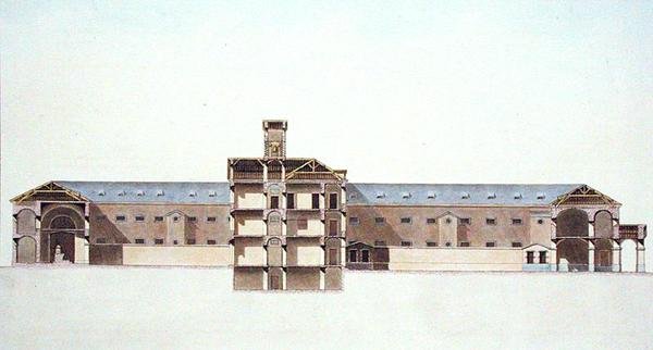 Tværsnit af det nye fængsel i Bruxelles, fra "Choix des Monuments, Edifices et Maisons les plus remarquables du Royaume des Pays-Bas" af Pierre Jacques Goetghebuer, graveret af forfatteren, udgivet i 1827 (akvatint) af Louis (after) Damesme