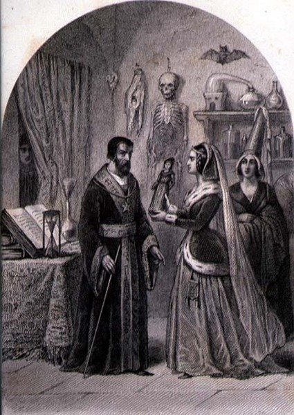 En kunde besøger en troldmand, graveret af Philibert Langlois (ca.1834-9) (stik) af Louis (after) Marckl