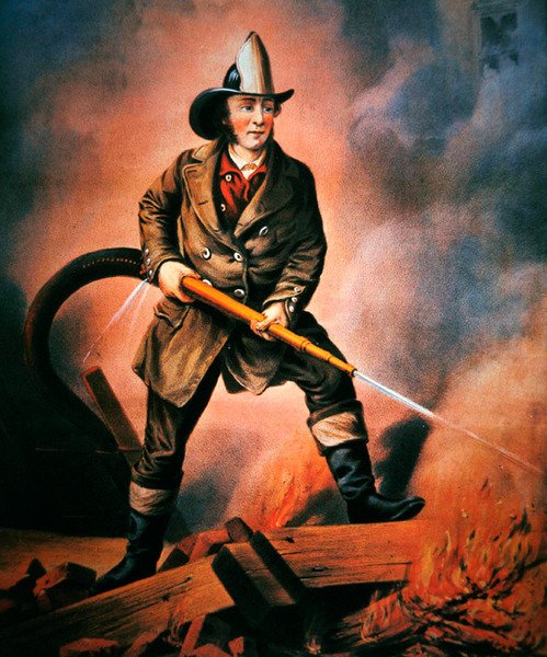 The American Fireman: Facing the Enemy, udgivet af Currier & Ives af Louis (after) Maurer