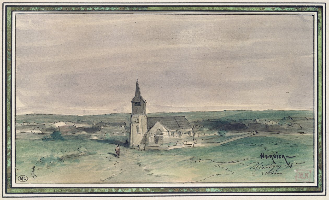 Kirke og landsby midt på en mark, Montigny, 1866 (pen og blæk og wc på papir) af Louis Adolphe Hervier