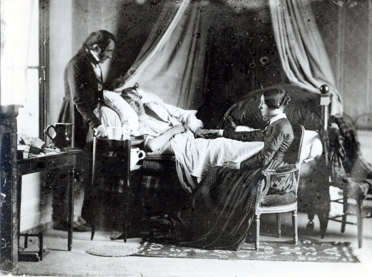 Lægens besøg hos patienten, ca.1840-50 (sort foto) af Louis Adolphe Humbert de Mollard