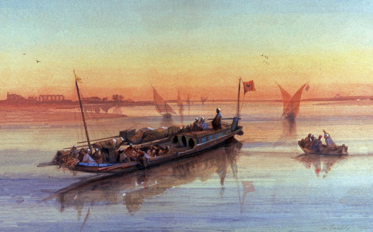 Felucca er ved Nilen, omkring Theben af Louis Amable Crapelet