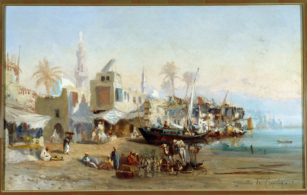 Fiskere og moskeer i havnen Boulack i Egypten Maleri af Amable Louis Crapelet (1822-1867) Søn. 41x64 cm Obligatorisk omtale: Regards de Provence foundation collection, Marseille af Louis Amable Crapelet