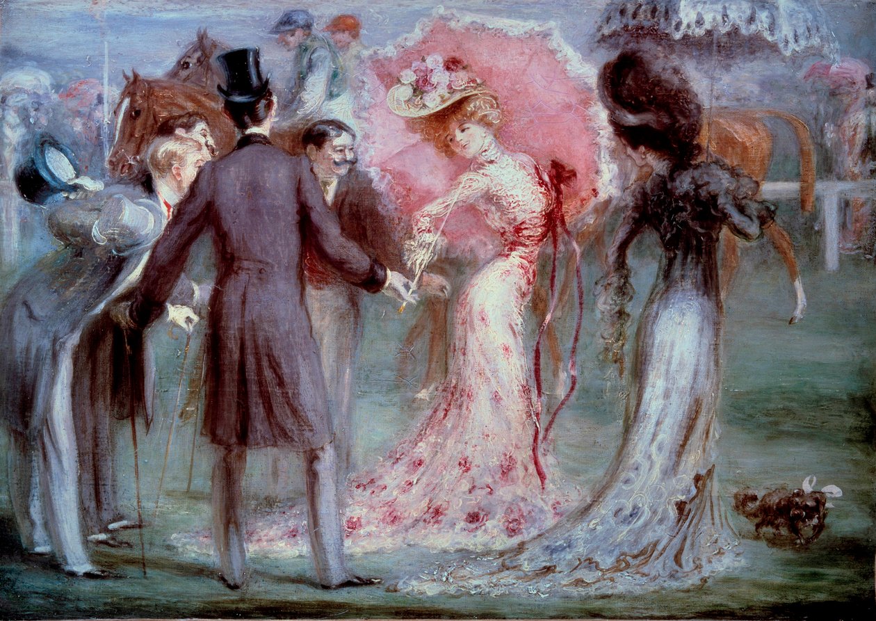 God tid: "" Vejning"" Mænd, der undersøger unge kvinder med insisteren på hestevæddeløb. Maleri af Louis Anquetin (1861-1932), privatsamling fra det 20. århundrede af Louis Anquetin