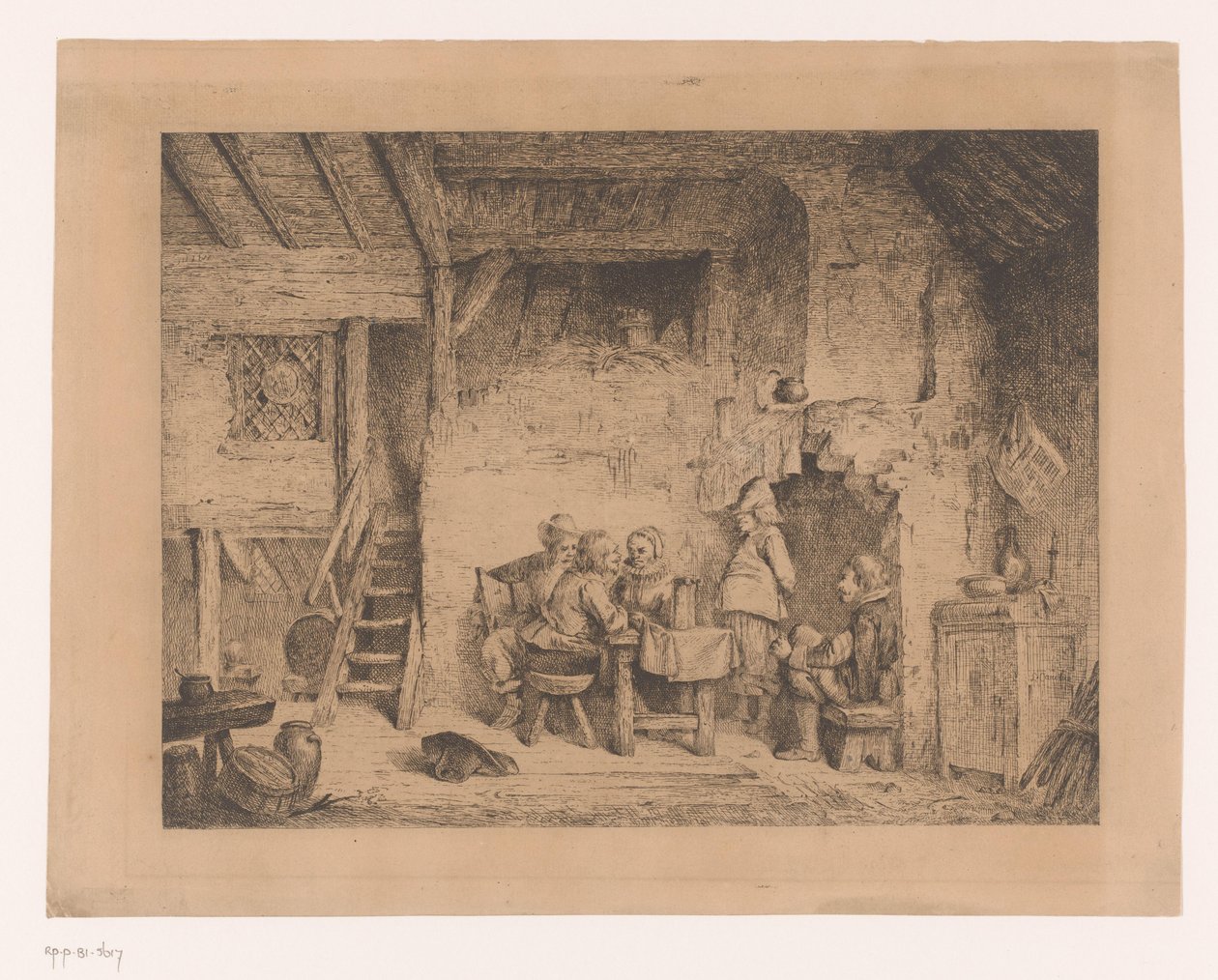 Selskab i tøj fra det sekstende århundrede på en pub Le recit au cabaret af Louis Antoine Carolus