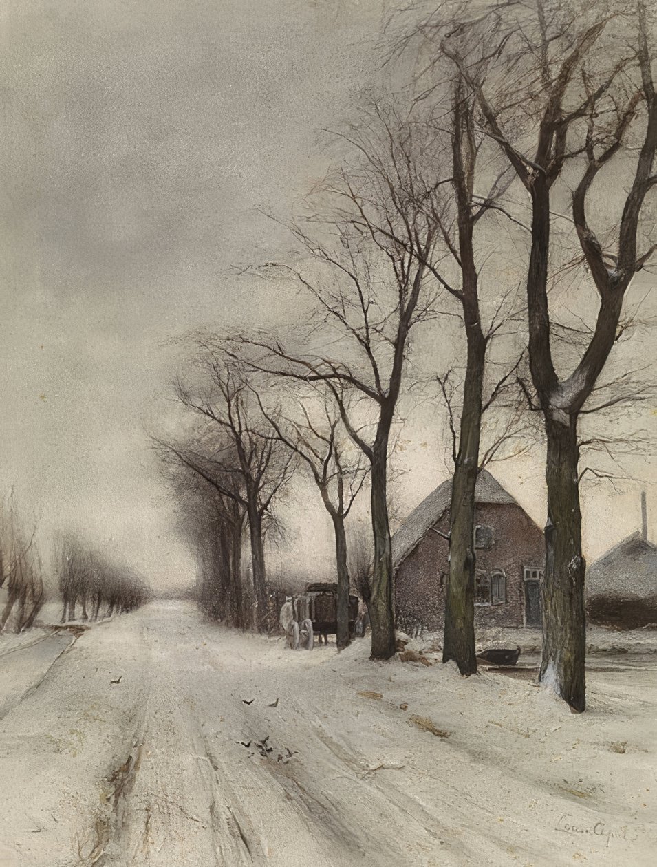 Winterlandschaft mit Bauernhof an einer Allee (Vinterlandskab med en gård på en allé) af Louis Apol