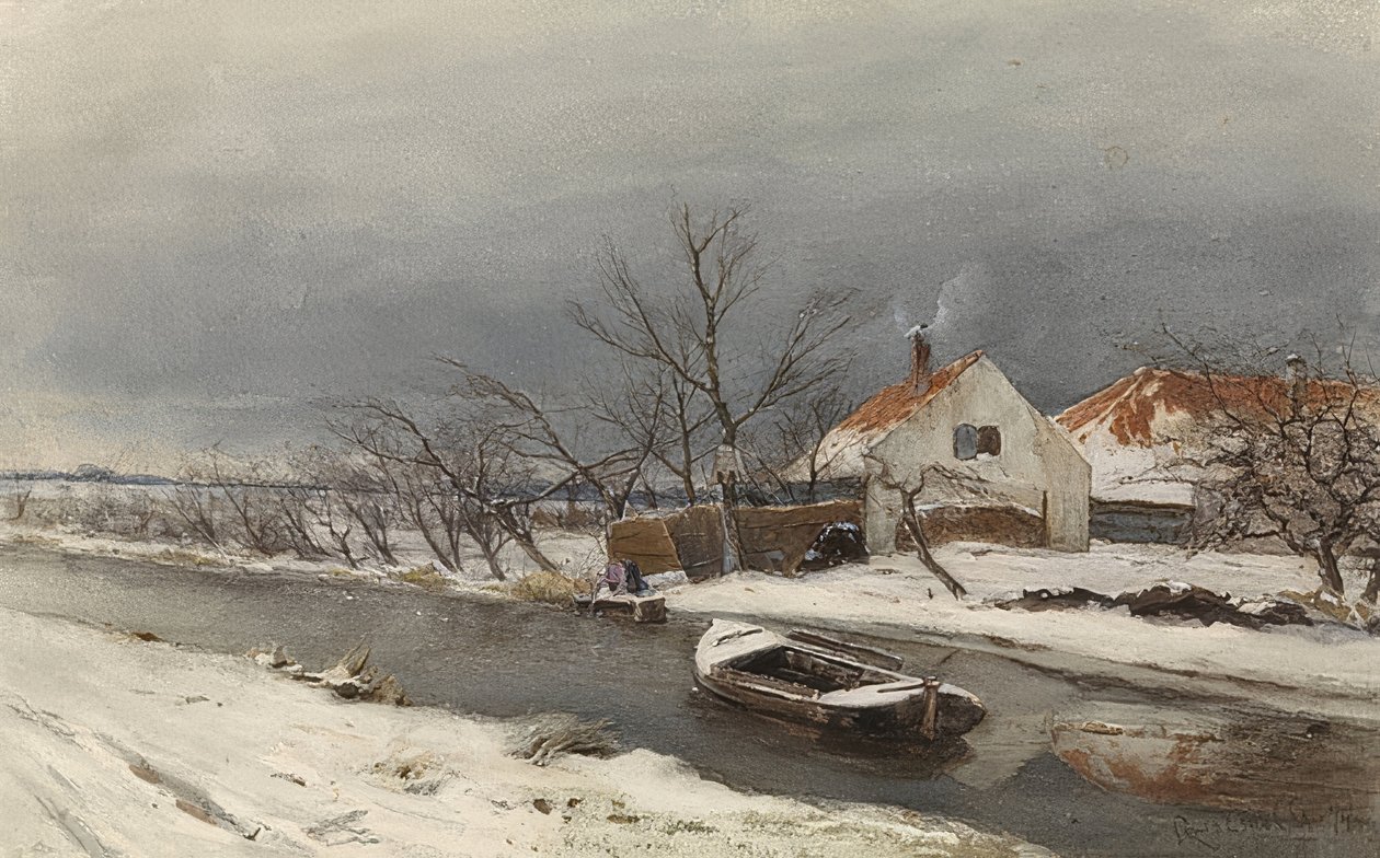 Winterlandschaft mit Häusern und einem Kanal (Vinterlandskab med huse ved en kanal). 1874 af Louis Apol