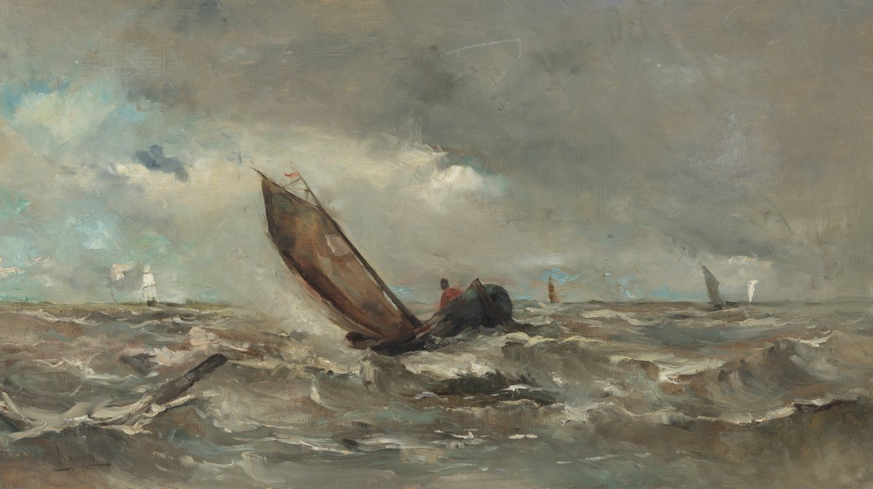 Hollandsk: Båd i stormvejr af Louis Artan
