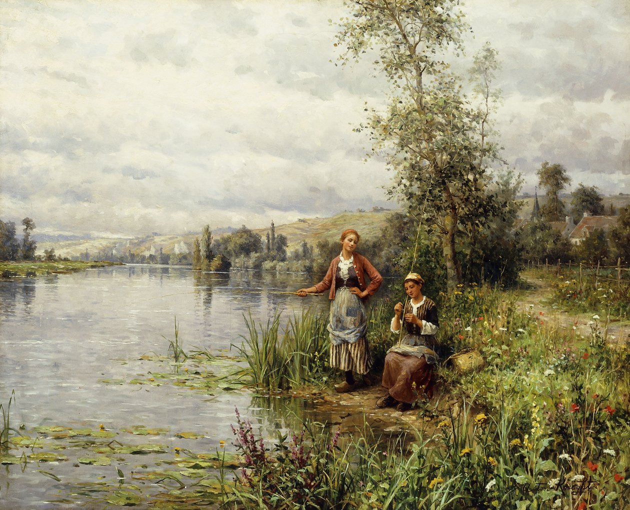 Landkvinder, der fisker på en sommereftermiddag af Louis Aston Knight