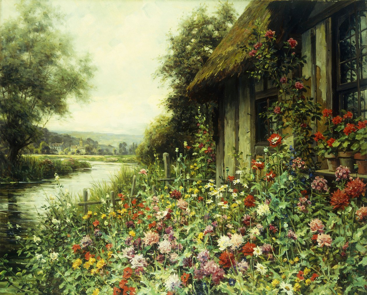Blomster i blomst uden for et sommerhus (olie på lærred) af Louis Aston Knight