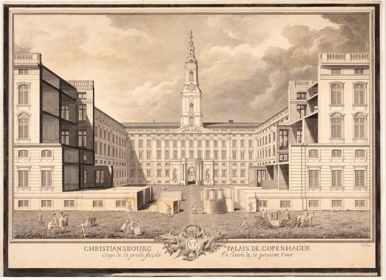 Christiansborg Slot i København. Udsnit af den store facade af indgangen til den første gård af Louis Auguste Le Clerc