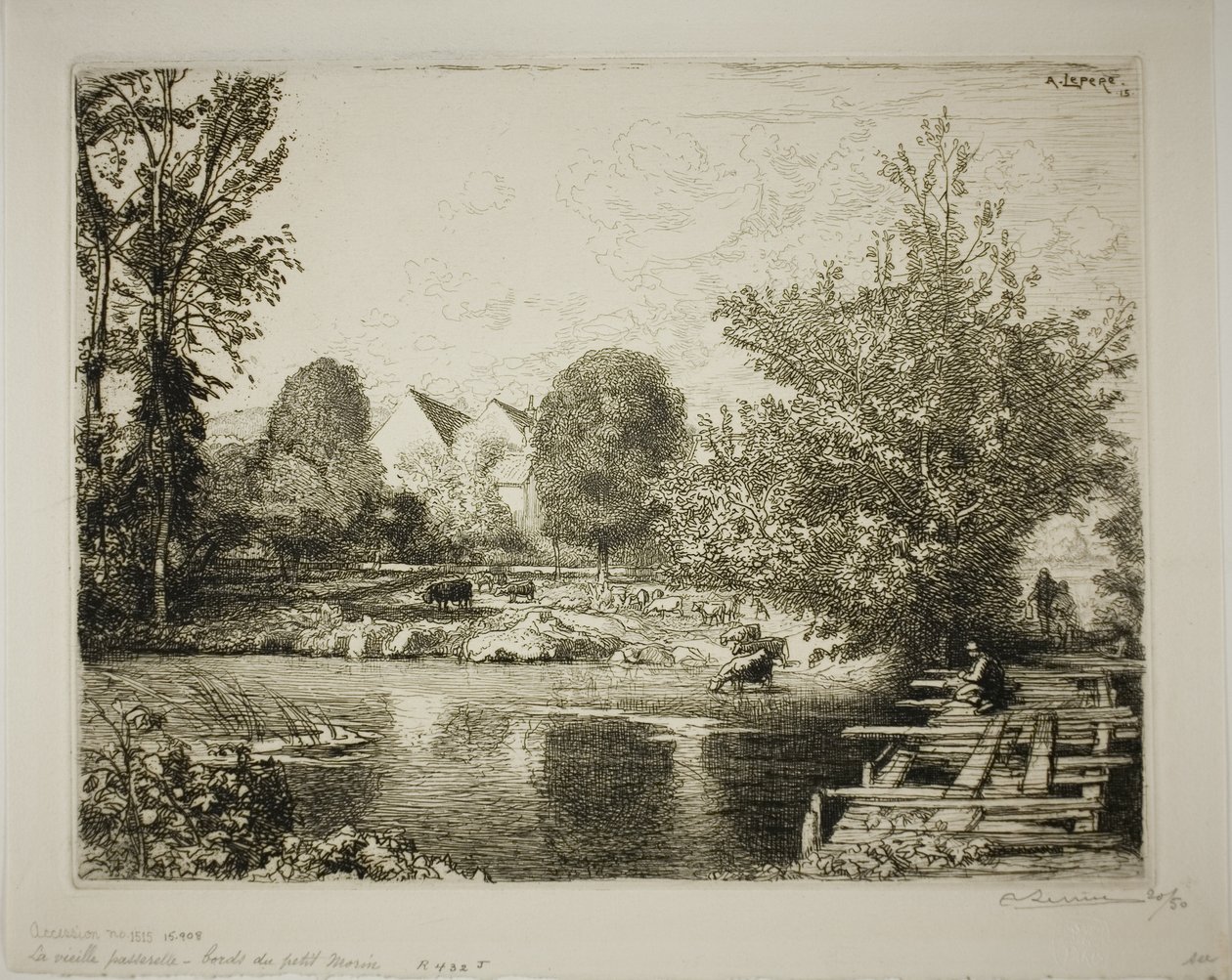 Den gamle gangbro, bredden af Petit Morin af Louis Auguste Lepère