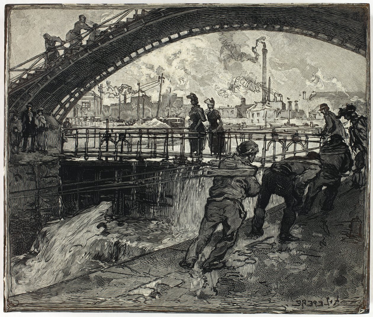 Træsnit til sluse i Canal Saint-Martin af Louis Auguste Lepère