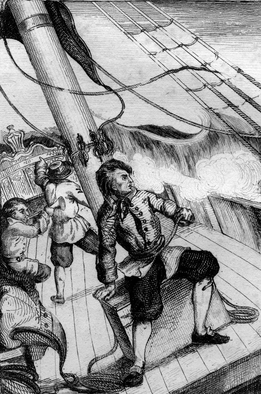 Hvert minut forventede jeg at blive opslugt af gravering efter M. de Sainsons tegning til Daniel Defoes Bog (De foe) "" Robinson Crusoe"" fransk udgave af 1837. af Louis Auguste de Sainson