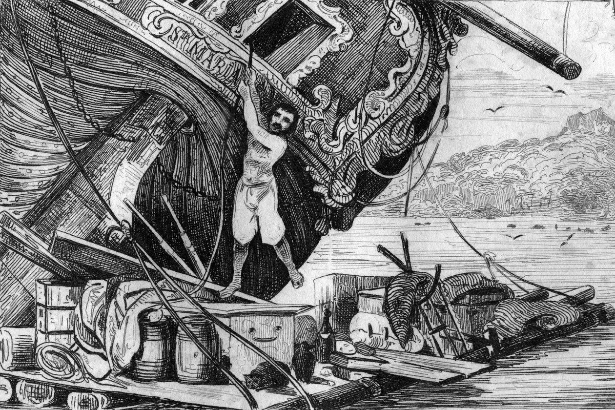Jeg steg ned på min tømmerflåde, og derefter satte jeg mig til søs... gravering efter tegningen af M. de Sainson til Daniel Defoes Bog (De foe) Robinson Crusoe” fransk udgave af 1837. af Louis Auguste de Sainson