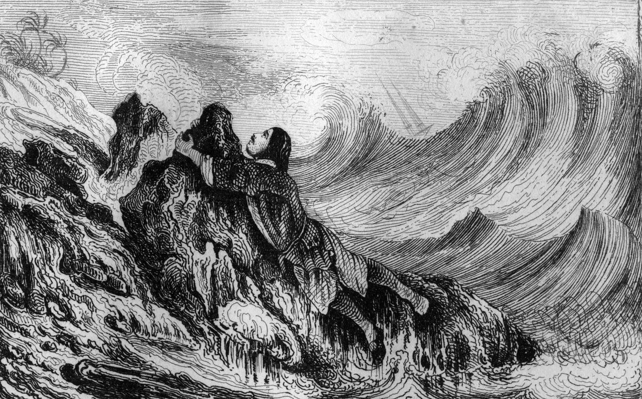 Jeg besluttede at knytte mig til et klippepunkt... indgravering efter M. de Sainsons tegning til Daniel Defoes Bog (De foe) "Robinson Crusoe"" fransk udgave af 1837. af Louis Auguste de Sainson
