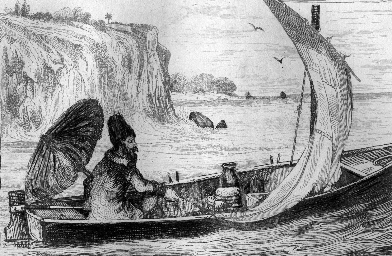 Jeg blev drevet af den nuværende indgravering efter M. de Sainsons tegning til Daniel Defoes Bog (De foe) "Robinson Crusoe"" fransk udgave af 1837. af Louis Auguste de Sainson