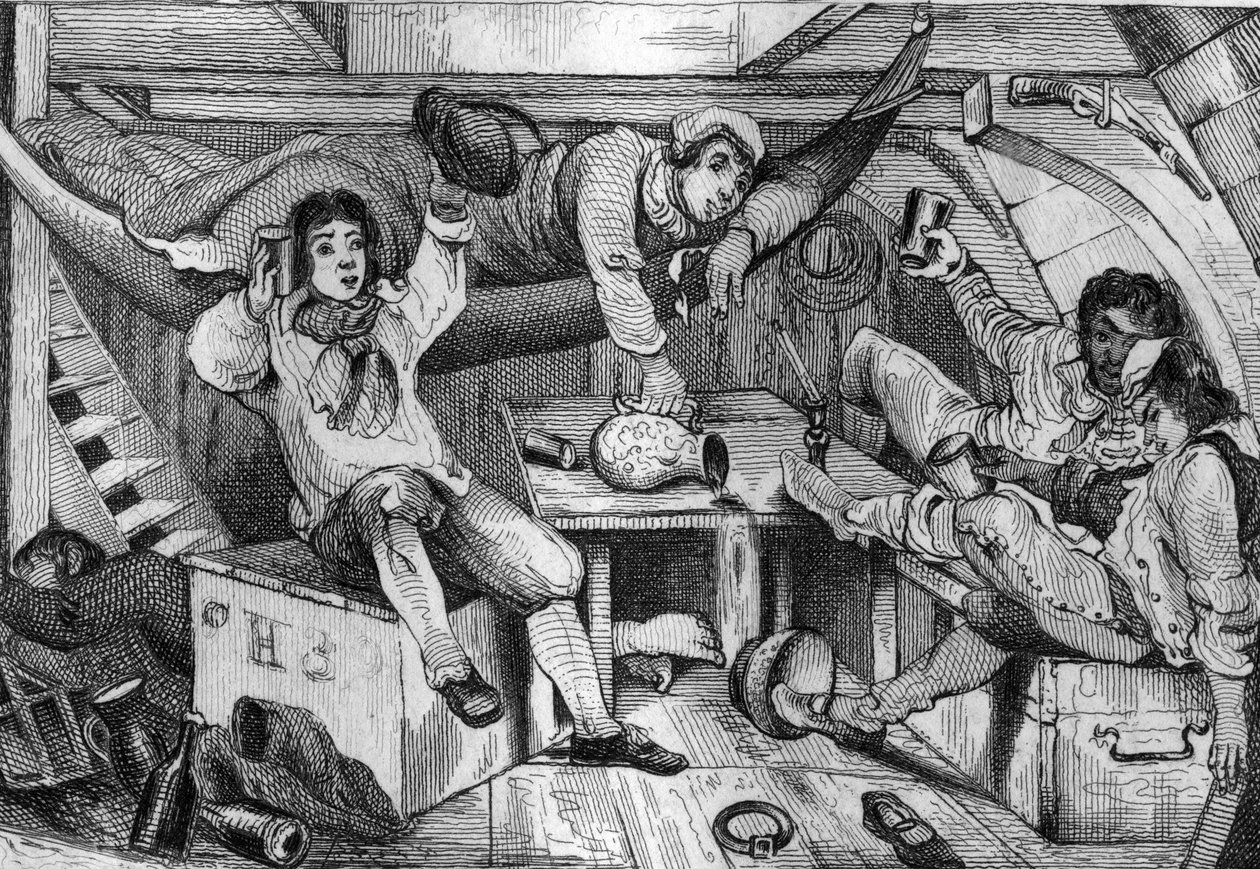 Jeg var fuld, og i en nat med udskejelser druknede jeg alle mine angrende... indgravering efter M. de Sainsons tegning til Daniel Defoes Bog (De foe) "Robinson Crusoe"" fransk udgave fra 1837. af Louis Auguste de Sainson