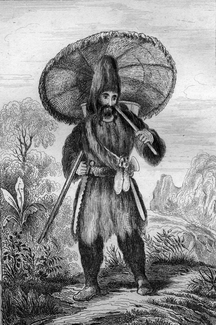 Jeg var iført en hat af høj højde... indgravering efter M. de Sainsons tegning til Daniel Defoes Bog (De foe) "Robinson Crusoe"" fransk udgave af 1837. af Louis Auguste de Sainson