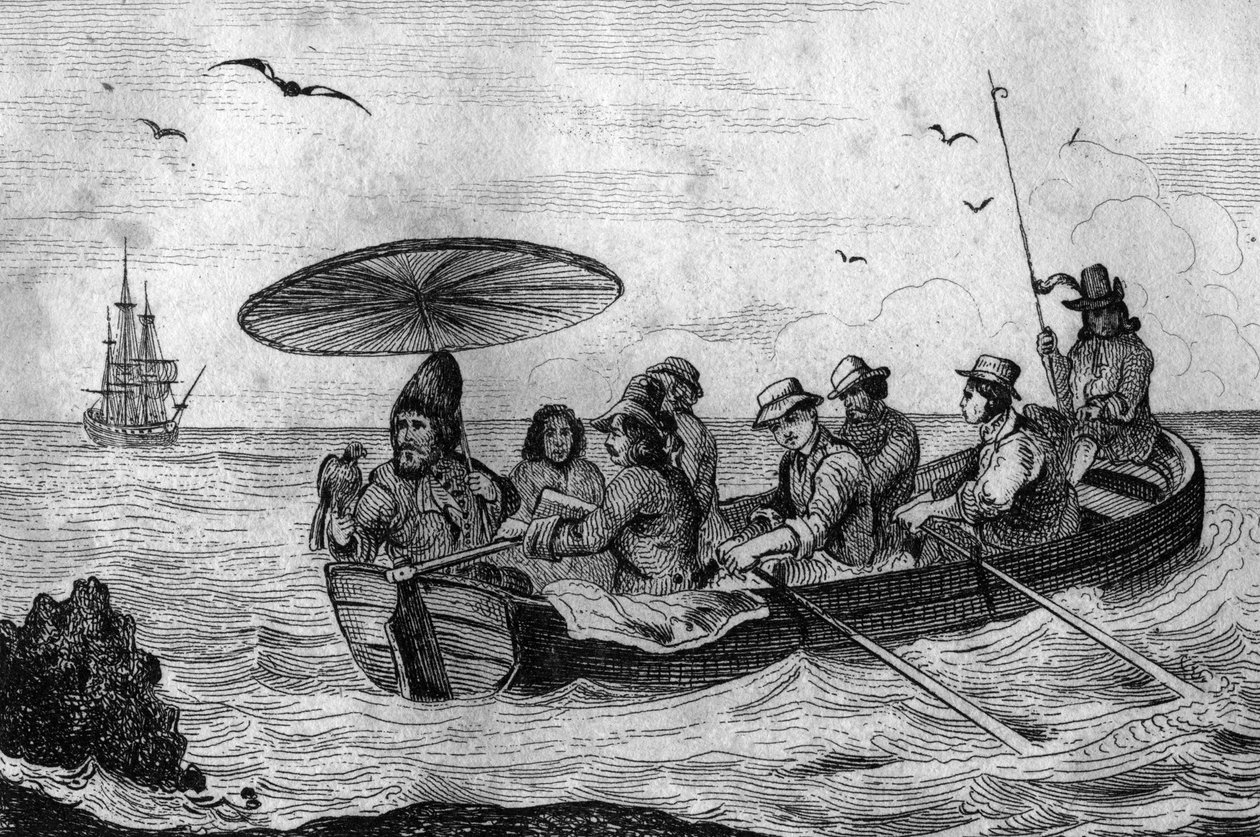 Så jeg forlod min ø-gravering efter M. de Sainsons tegning til Daniel Defoes Bog (De foe) "Robinson Crusoe"" fransk udgave af 1837. af Louis Auguste de Sainson
