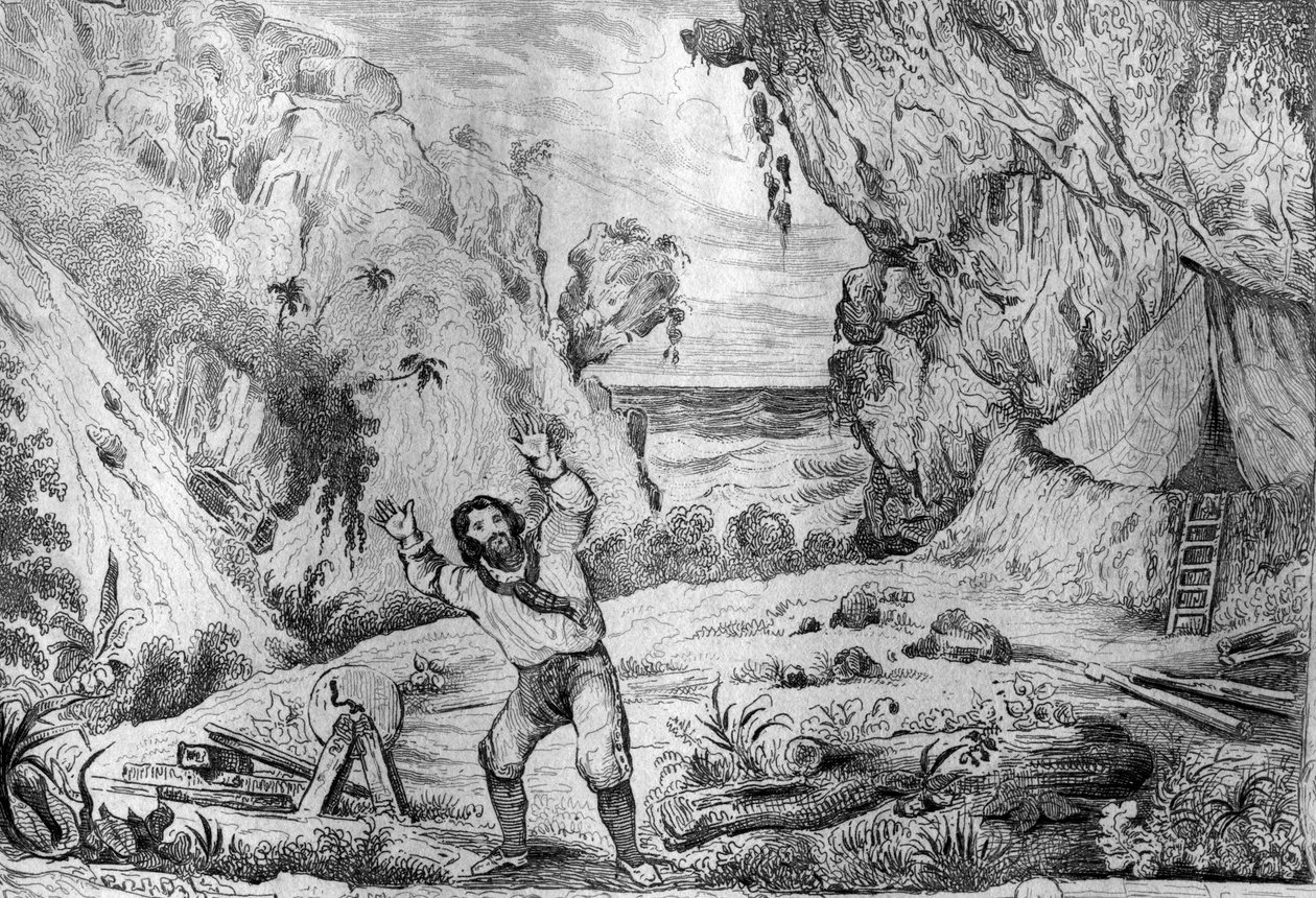 Tre gange rystede terrænet under mine fødder gravering efter M. de Sainsons tegning til Daniel Defoes Bog (De foe) "" Robinson Crusoe"" fransk udgave af 1837. af Louis Auguste de Sainson