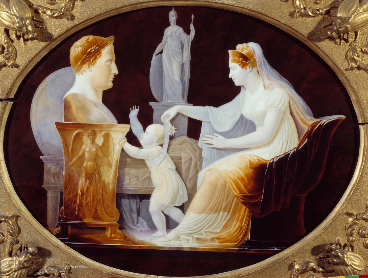 Impress Mary Louise, der leder de første skridt af kongen af Rom Napoleon II, hertug af Reichstadt (1811-1832), søn af kejser Napoleon I (1769-1821), foran busten af sin far Porcelænstallerken af Louis Bertin Parant (1768-1851) 1813 Paris. La Leg af Louis Bertin Parant