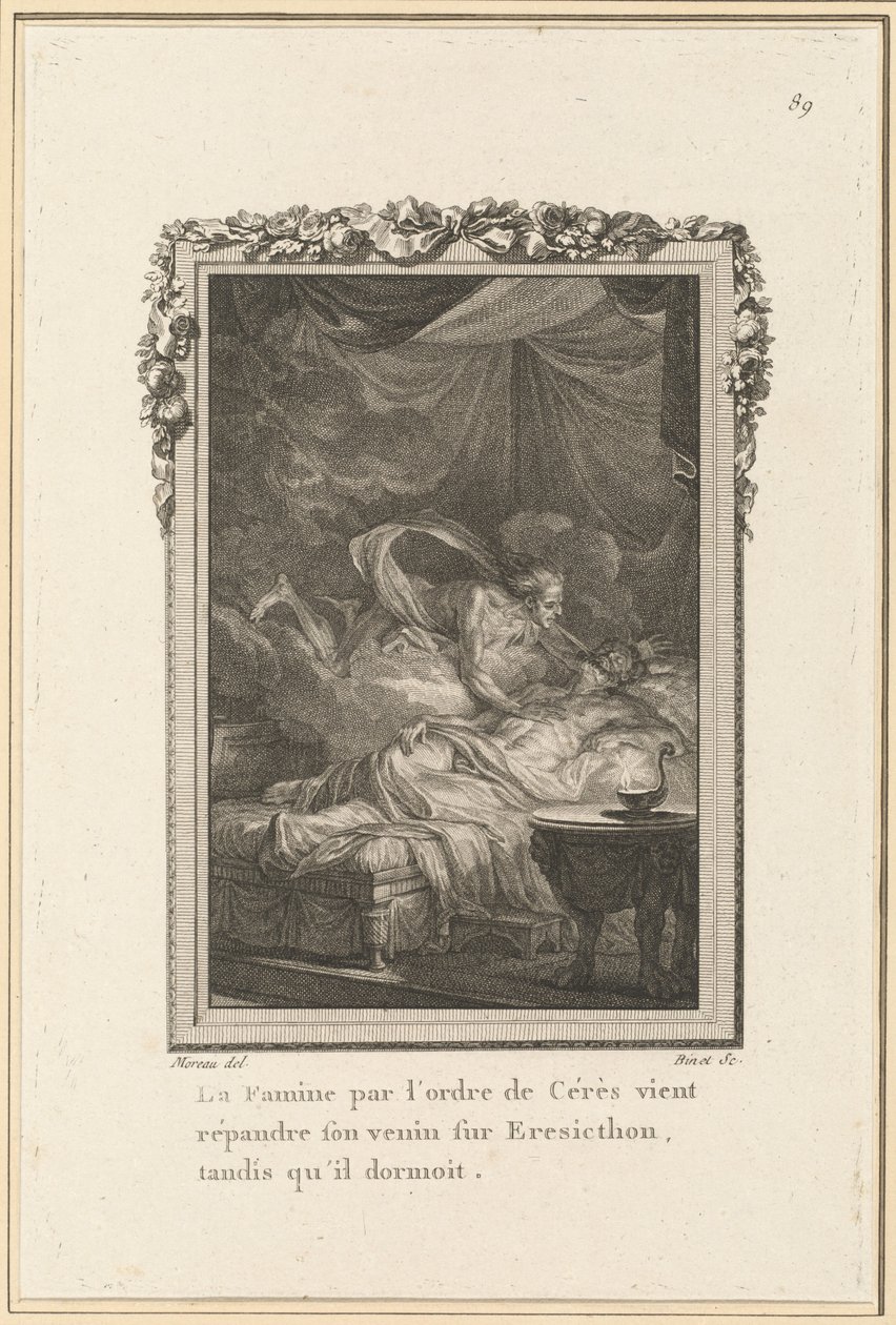 Hungersnød efter Ceres orden kommer til at sprede sin gift på Eresicthon, mens han sov af Louis Binet after Jean Michel Moreau