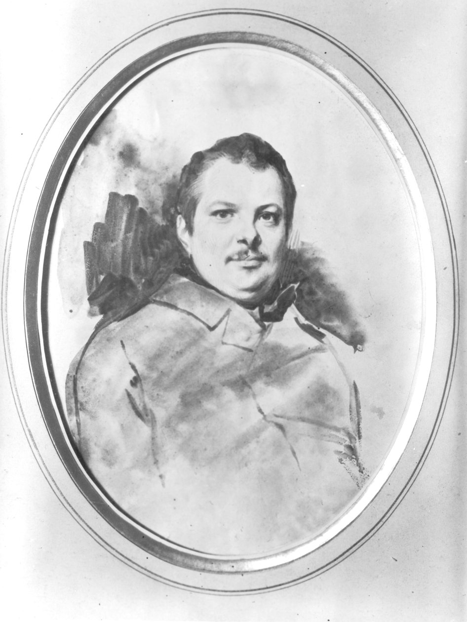 Portræt af Honore de Balzac (1799-1850) ca. 1820 (blæk og vask på papir) af Louis Boulanger