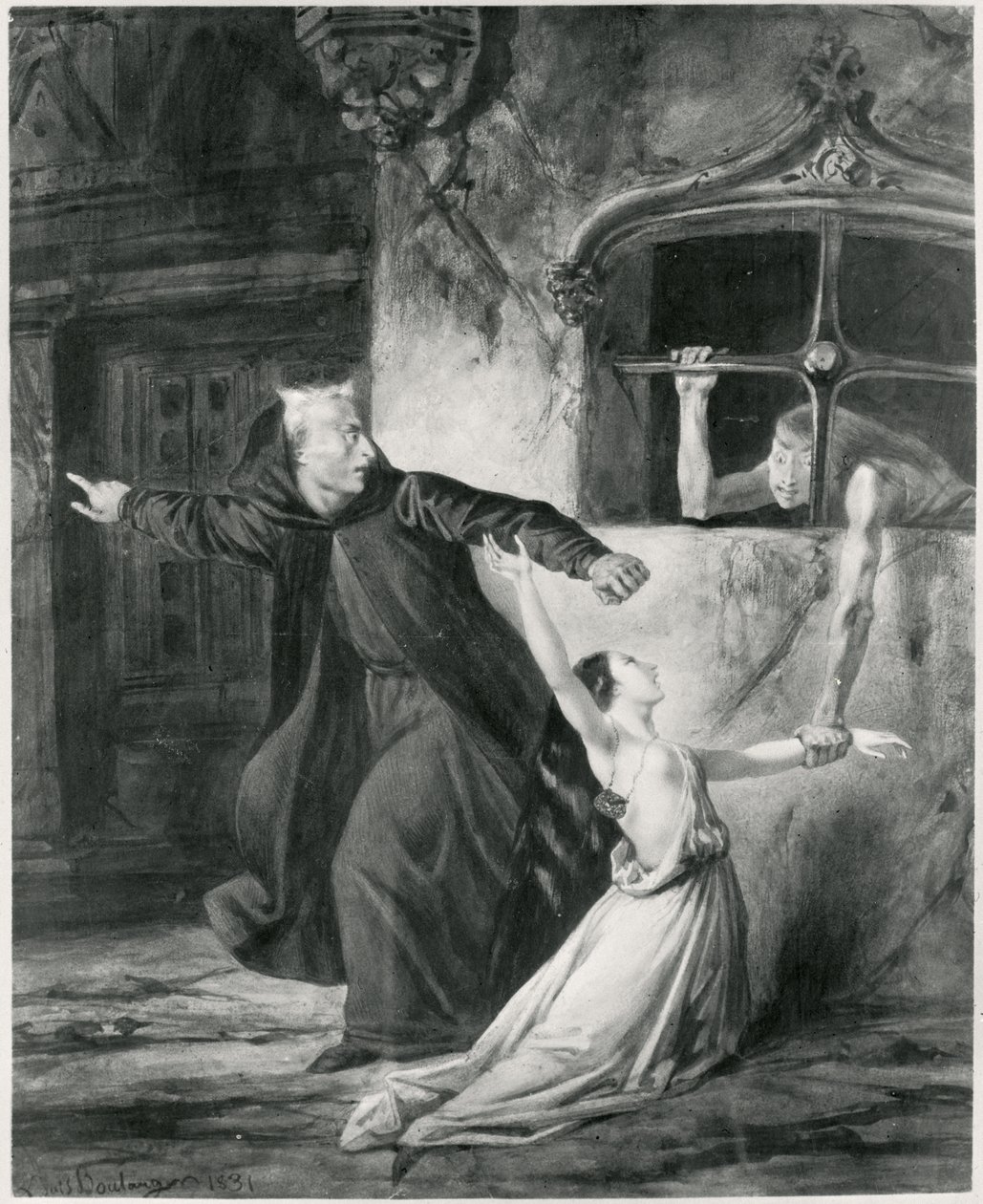 Sachette, Esmeralda og Claude Frollo, illustration til "Den pukkelryggede Notre Dame" af Victor Hugo (1802-85), 1831 (sw) af Louis Boulanger