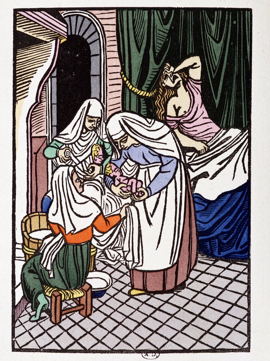 Fødende kvinde - i "" Frenes og Galerans kærligheder fortalt efter Jean Renard, fund fra det 12. århundrede, tilpasset af André Mary", ill. af træstik af Louis Bouquet, red. Jonquieres, Paris af Louis Bouquet