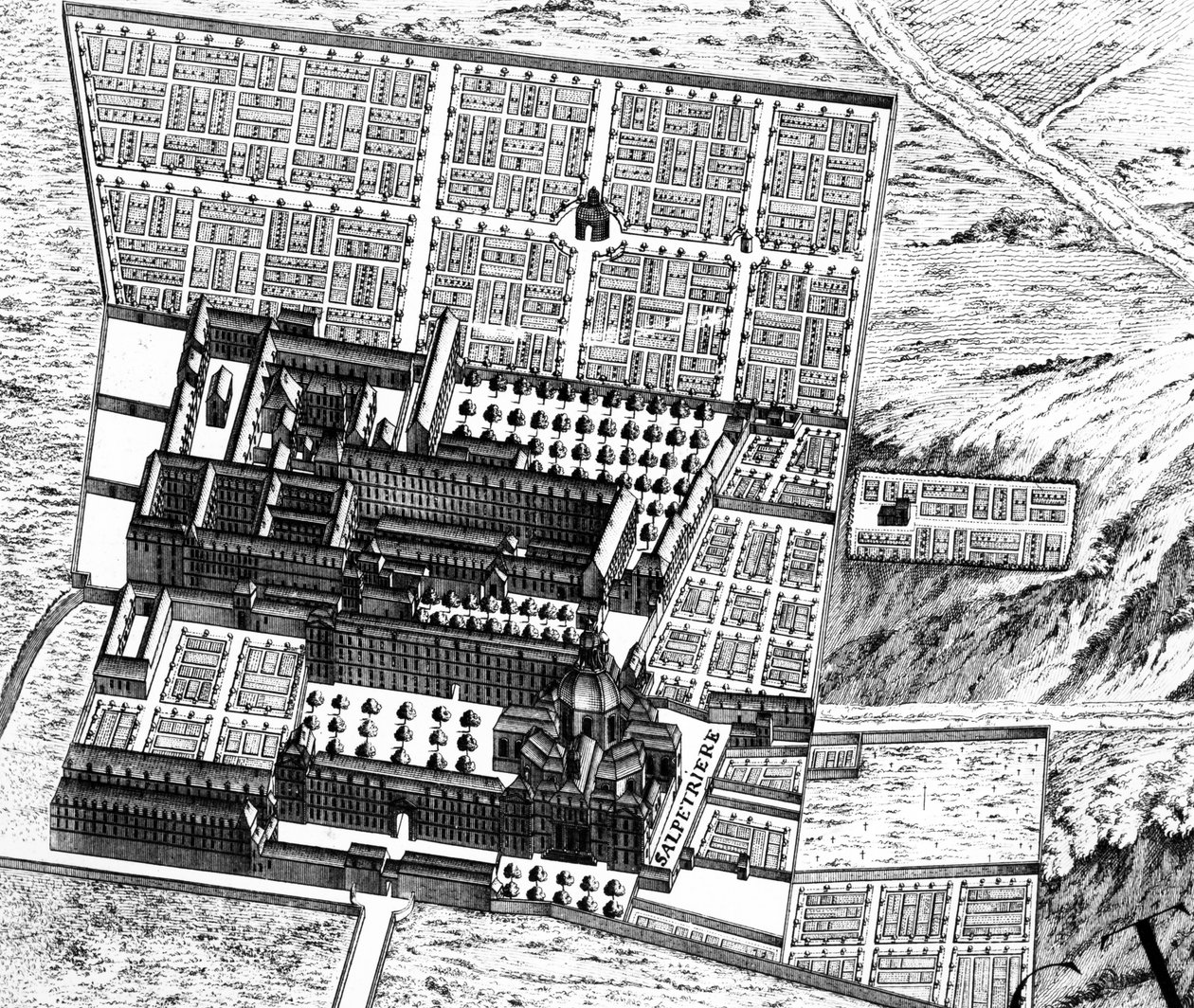 Hospitalet i La Salpêtrière, detalje fra planen i Paris, kendt som Plan de Turgot, indgraveret af Claude Lucas, 1734-39 graveringsdetalje af 233535 af Louis Bretez