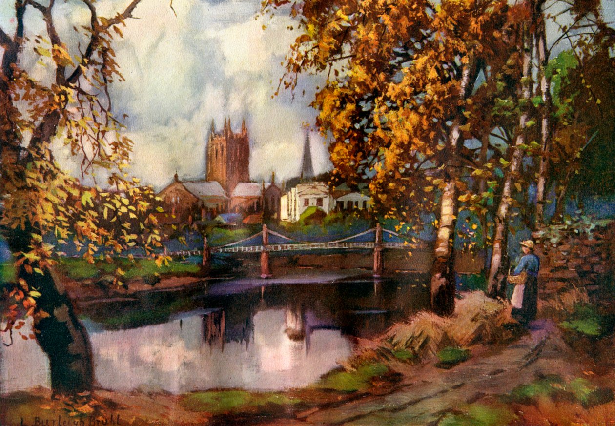 Hereford Cathedral, fra flodvandringen, Herefordshire, 1924-1926. af Louis Burleigh Bruhl
